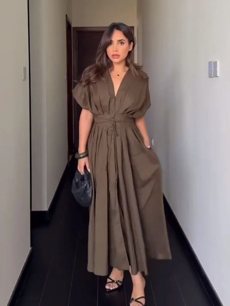 HH-vestido Midi plisado de encaje para mujer, vestido de verano con diseño de una sola botonadura, vestido elegante de manga corta con cuello en V, Vestido de playa ajustado elegante