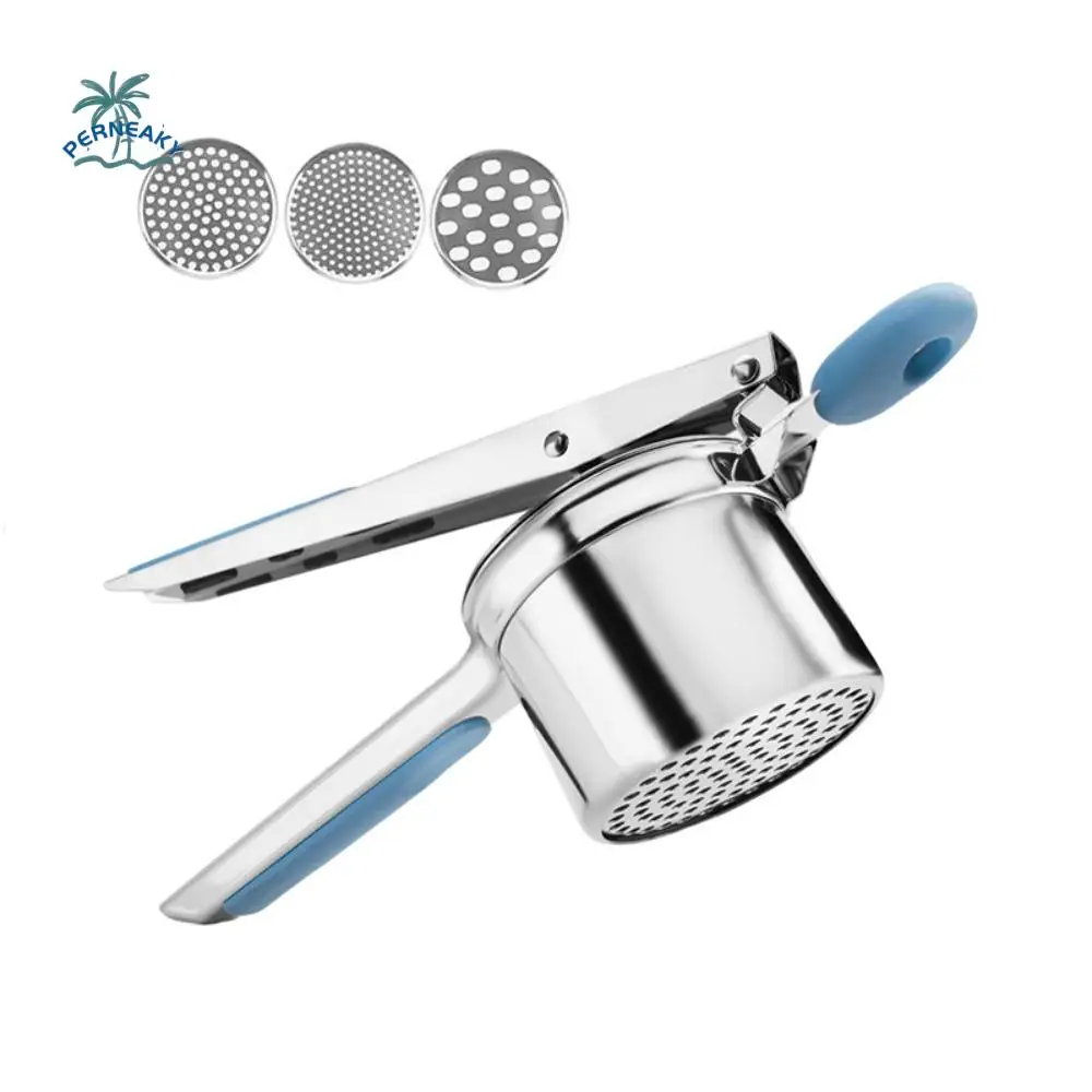

Stainless Steel Potato Masher Manual Silicone Handle Juice Squeezer with 3 Interchangeable Discs Hand Press Spaghetti Presser