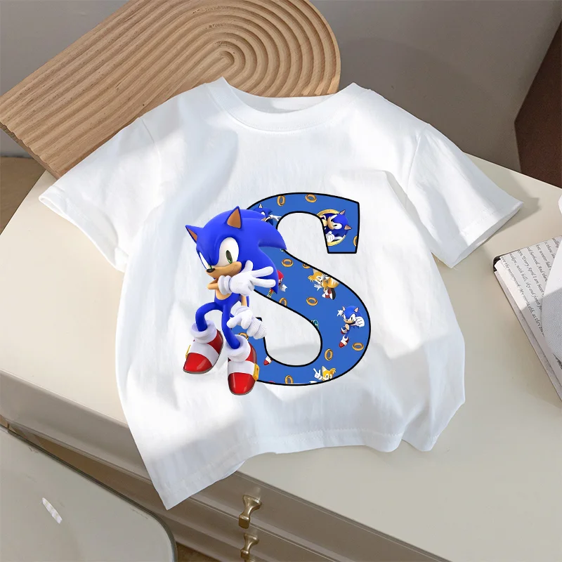 

Sonics T-Shirt Cartoon Anime A-Z Letters Simple Basic Tops Summer Boys Cotton Absorbent Sport Casual Short Sleeves Kids Gifts