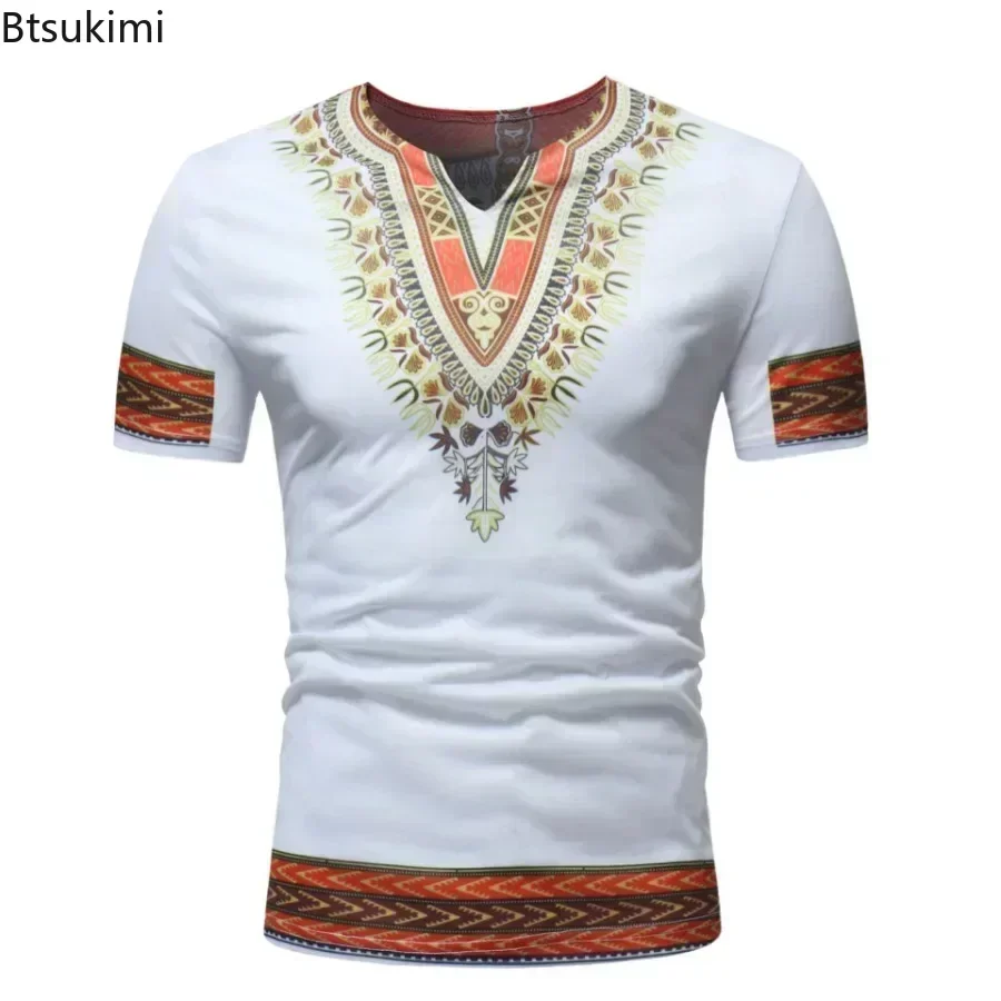 

2025Men's T-Shirts African Print Short Sleeve Casual Slim Shirts Tees Traditional Ethnic Style Tops Dance Party Men's Shirts Top