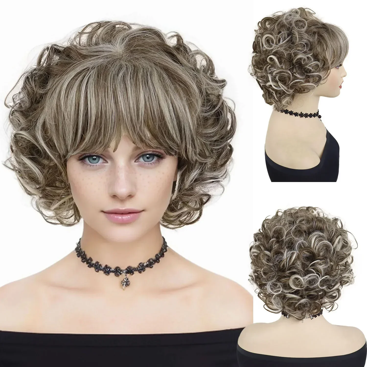 Curly Synthetic Wigs Natural Short Hair Curly Wig with Bangs Brown Mixed Blonde Pixie Wig for White Women Blanche Devereaux Wig