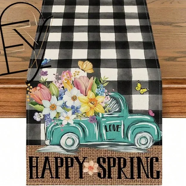 Linen Table Runner Gray Gingham with a Squirrel Pumpkin Cute Fall Table Decor Autumn Kitchen