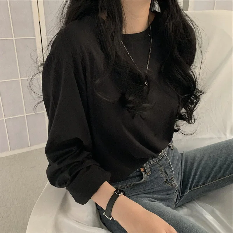 2024 herbst Koreanische Mode T-shirt Frauen Langarm Winter Y2K T Shirt Femme Lose Grund Feste Kleidung Frauen Tops Vintage