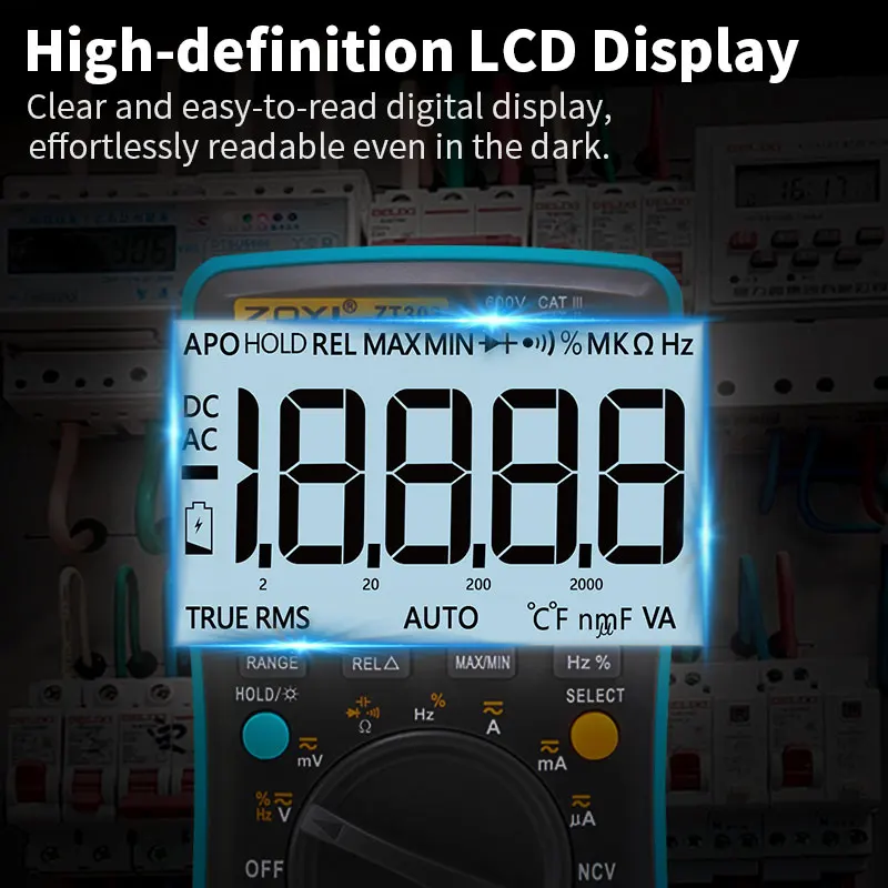 

Professional ZOYI ZT303 TRMS Multimeter 19999 Counts DC/AC Volt Amp Cap Hz Temp Ohm DMM Teste