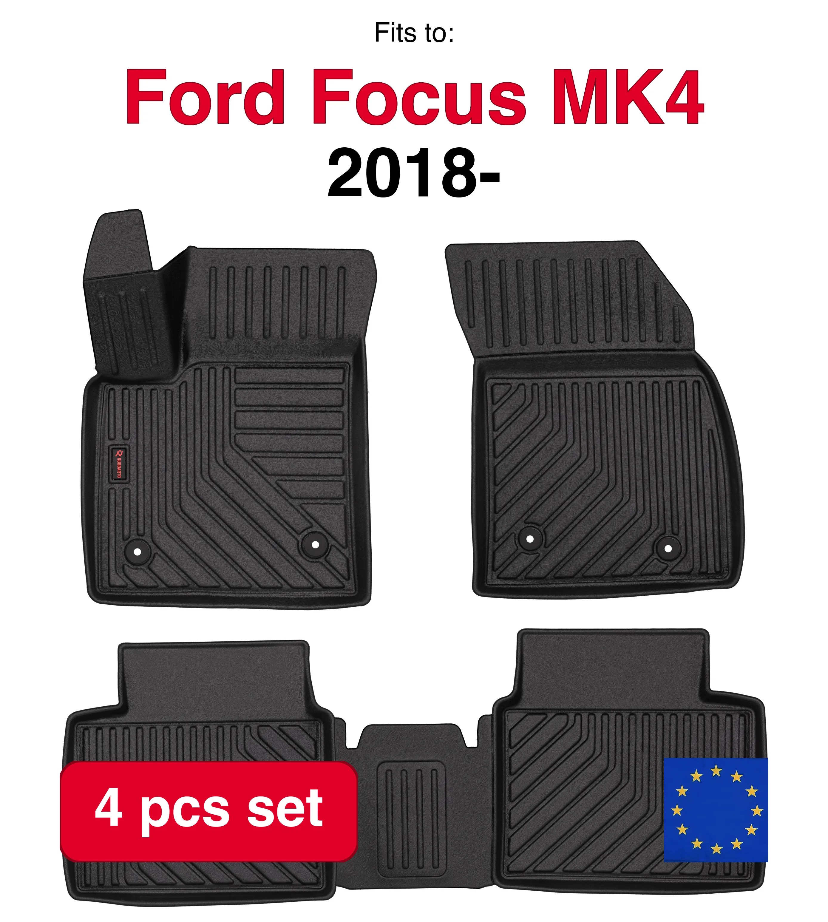 3D rubberen autokleedkappen voor Ford Focus MK4 hatchback, sedan, stationwagen, Turnier, Turnier Active (2018-) -zwart, fit