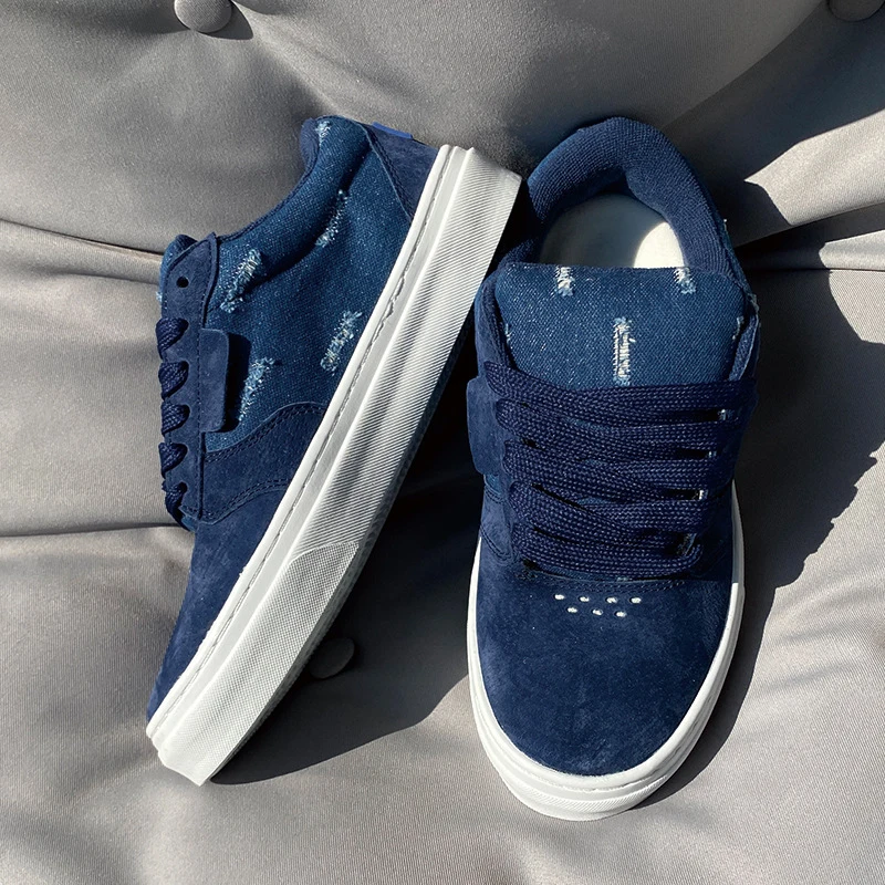 Blue denim low cut thick shoes with tongue cover, large size for both men and women, versatile for couples, trendy sports and le