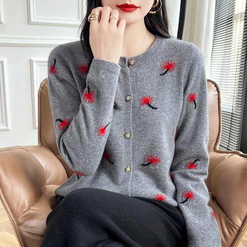 100%Wool Cashmere Cardigan Sweater Women\'s Autumn/Winter O-Neck Knit Long Sleeve Loose Clothing Korean Fashion Embroidery Jacket