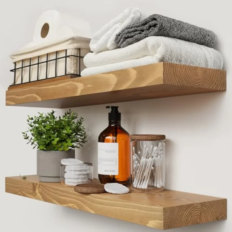 

24 inch Natural Wood Floating Shelves for Kitchen Bedroom Bathroom - Oak Wall Shelves Set of 2 - 24 x 6.7 Inch Lightweight Deco
