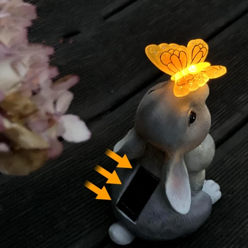 Garden Outdoor Decoration Dog Rabbit with Solar Butterfly Light Garden Figurines for Animal Lover Patio Yard Lawn Porch