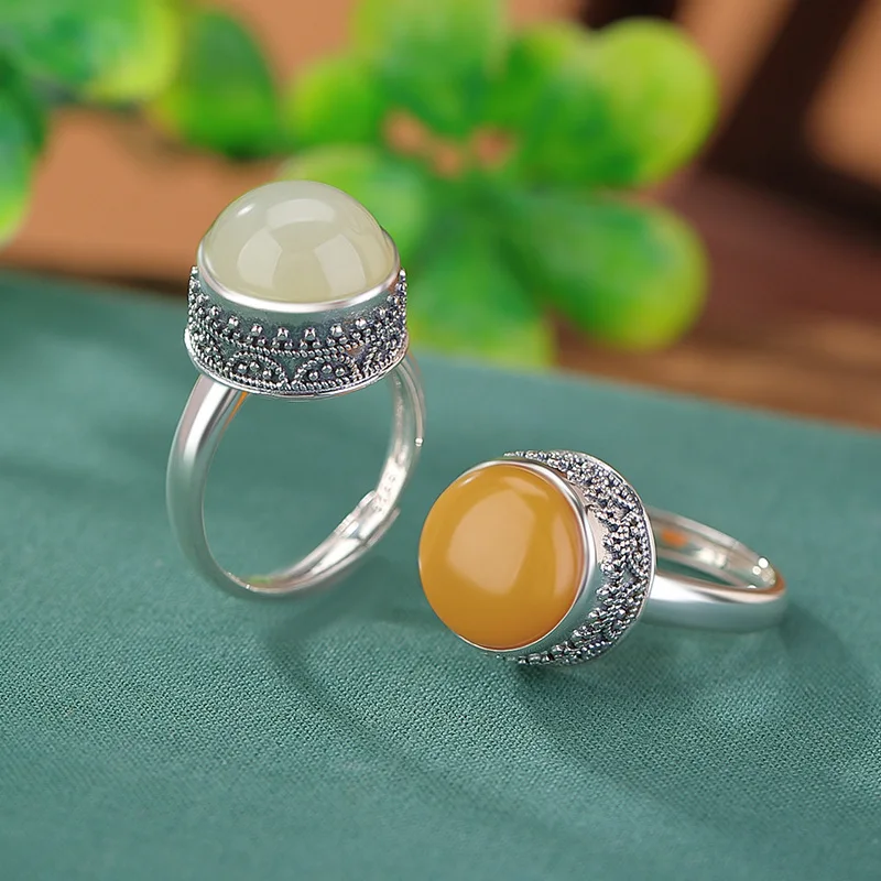 S925 Sterling Hetian Jade Amber Bead Round Silver Ring