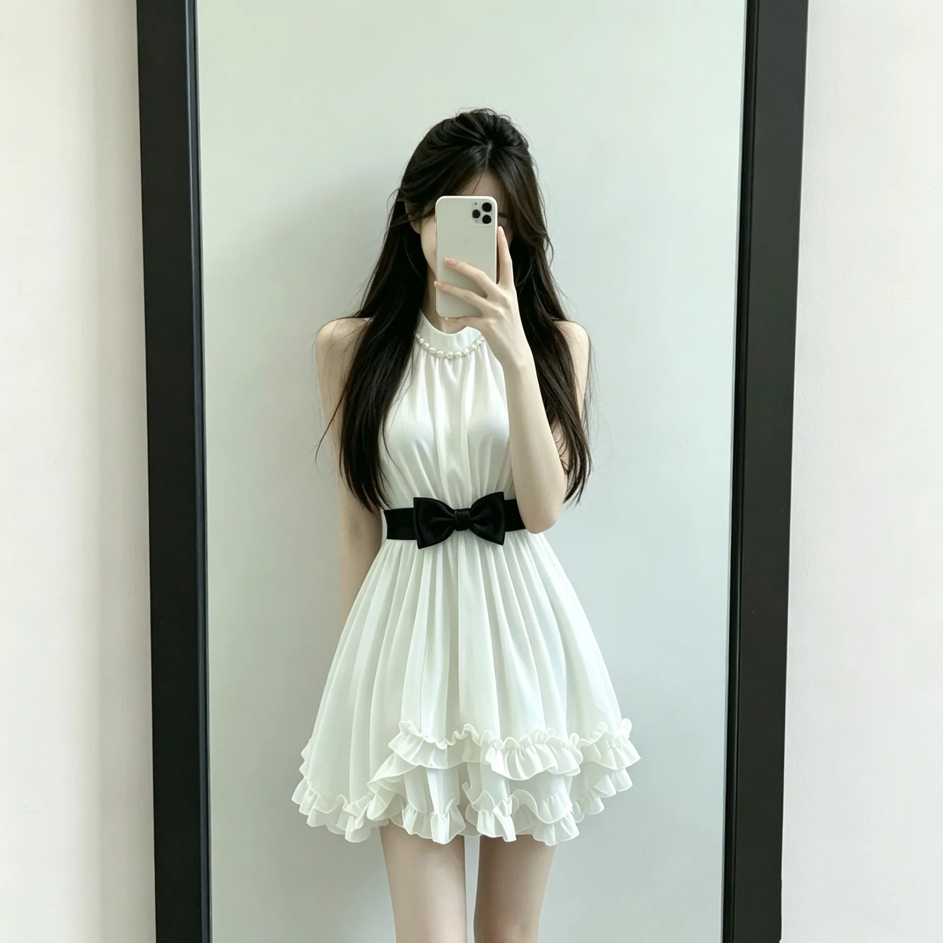 Belted Sleeveless  Knot Short Skirt Vintage Retro Dress White Moonlight Gentlewoman Style Half-length Skirts for Teens