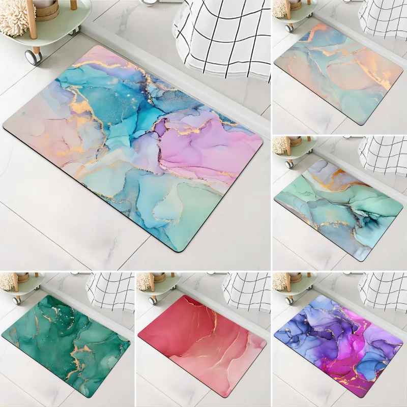 Watercolor Marble Bath Mat Diatom Mud Non Slip Doormat Super Absorbent Kitchen Shower Rug Toilet Floor Carpet Home Room Decor