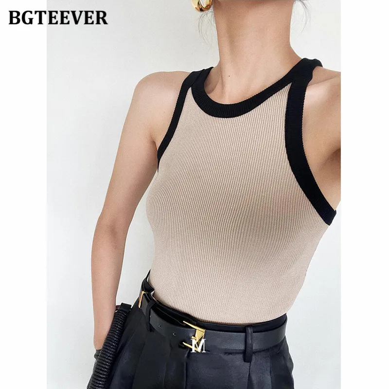 BGTEEVER Fashion O-neck Patchwork Knitted Vests Women Summer Elegant Ladies Sleeveless Tank Tops Women Camisole