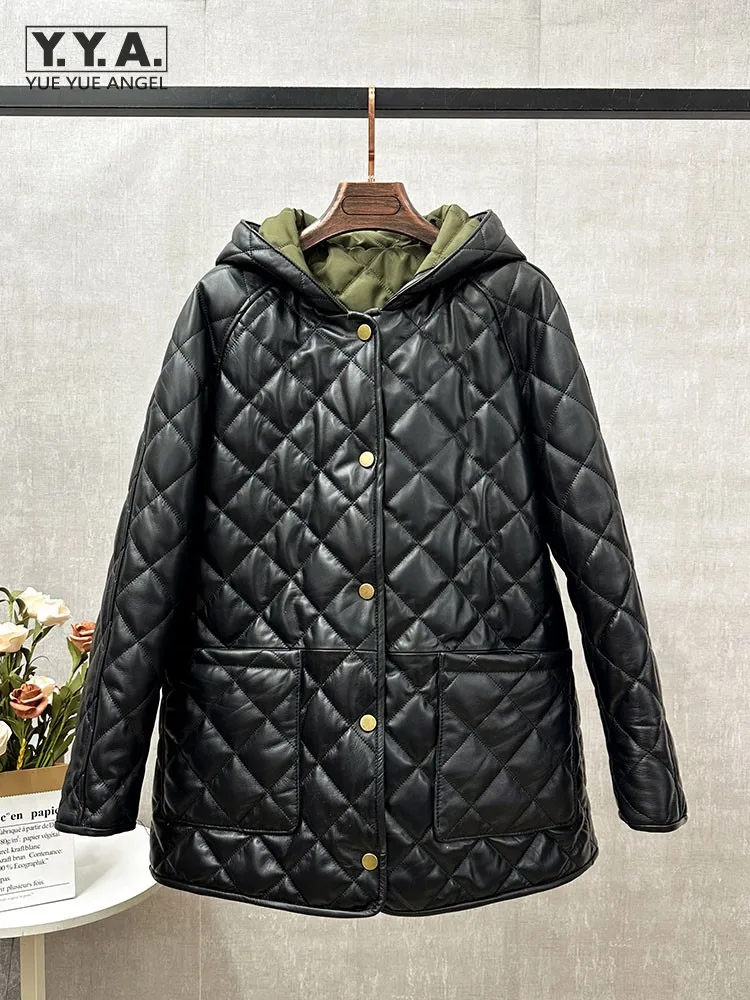 Genuine Leather Womens Autumn Winter Jackets Hooded Reversible Mid Long Padded Coats Natural Sheepskin Warm Fashion Outerwear