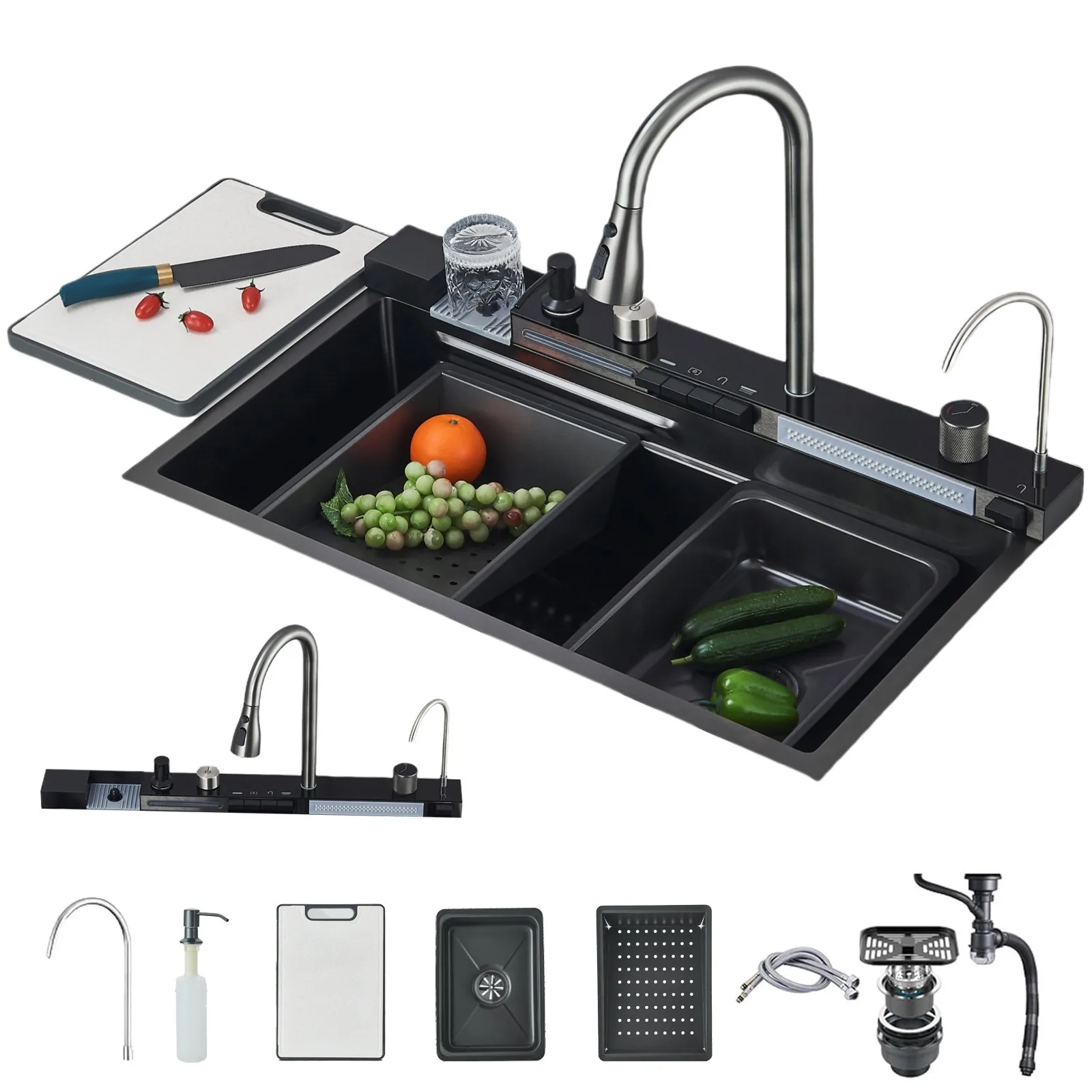 

31.5" Black Smart Kitchen Sink Single Bowl Stainless Steel Drop in Workstation