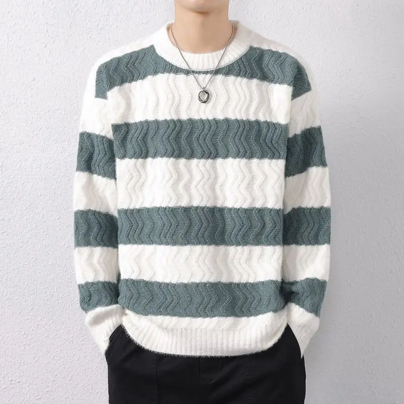 Men's Premium Striped Sweater 2026 Autumn Winter Thick Warm Knitted Pullover Teen Youth Inner Layer Top