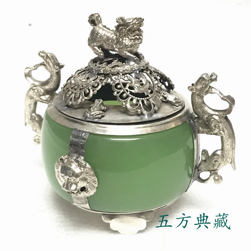 Antique cobre folheado jade aroma queimador, ágata verde decoração, orelhas de animais, leão incenso queimador, artesanato antigo e bronze