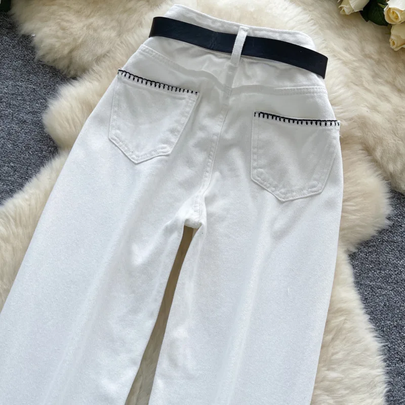 ANJY otoño nuevas mujeres elegantes Jeans Chic bolsillos de cintura alta con cinturón adelgazante High Street Y2K Casual pantalones vaqueros rectos A8826