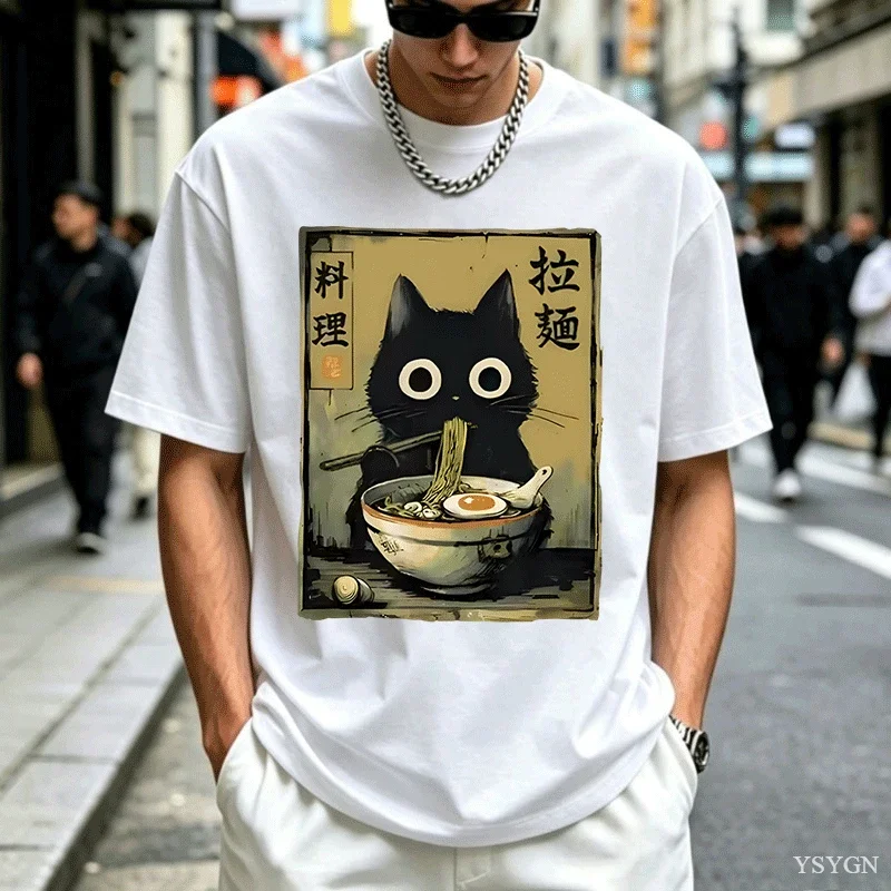 Cute Cat Slurping Ramen T-Shirt Men's and Women's 2026 New Summer Cotton Clothing Harajuku Fashion Round Neck Short Sleeve Top
