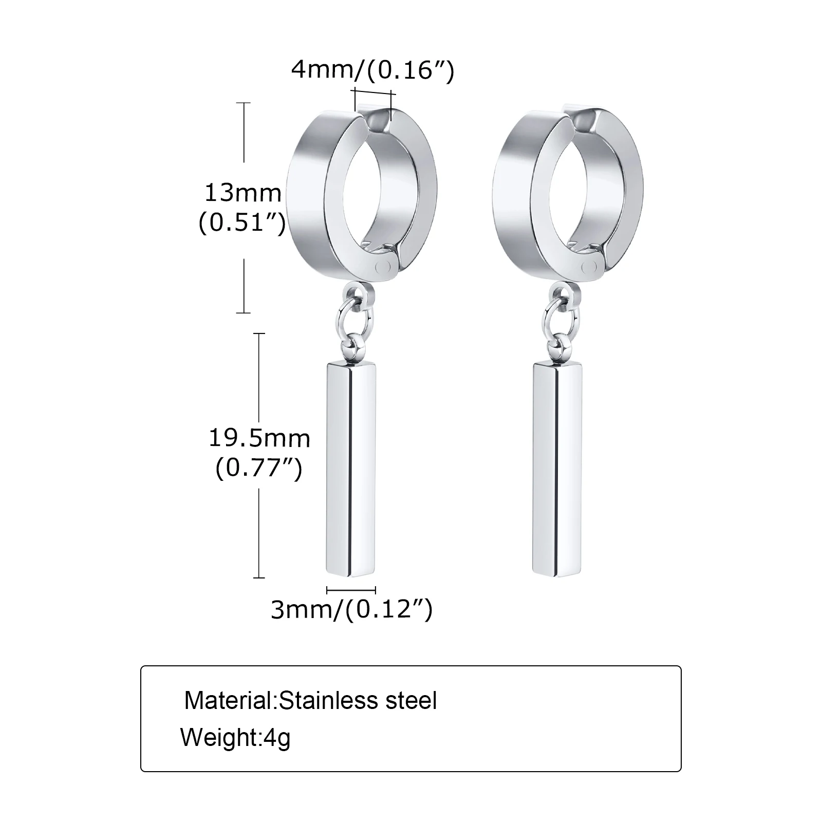 Men Simple 3D Bar Huggie Earrings Gift Jewelry, Waterproof Stainless Steel Solid Geometric Earrings No Piercing Accessory