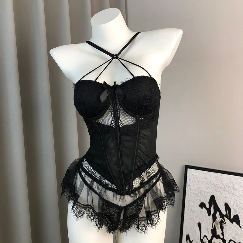 Sexy Bustier Corset Dress Lace Fishbone Corset Top with Waistband Mesh Ruffles Gathered Underwear Nightgown Charm Home Clothes