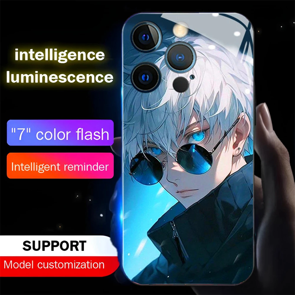 

Mobile Flash LED Luminous Tempered Glass Cover Night Light Shockproof Phone Case For iPhone 16 E 15 14 13 12 11 Pro Max Plus