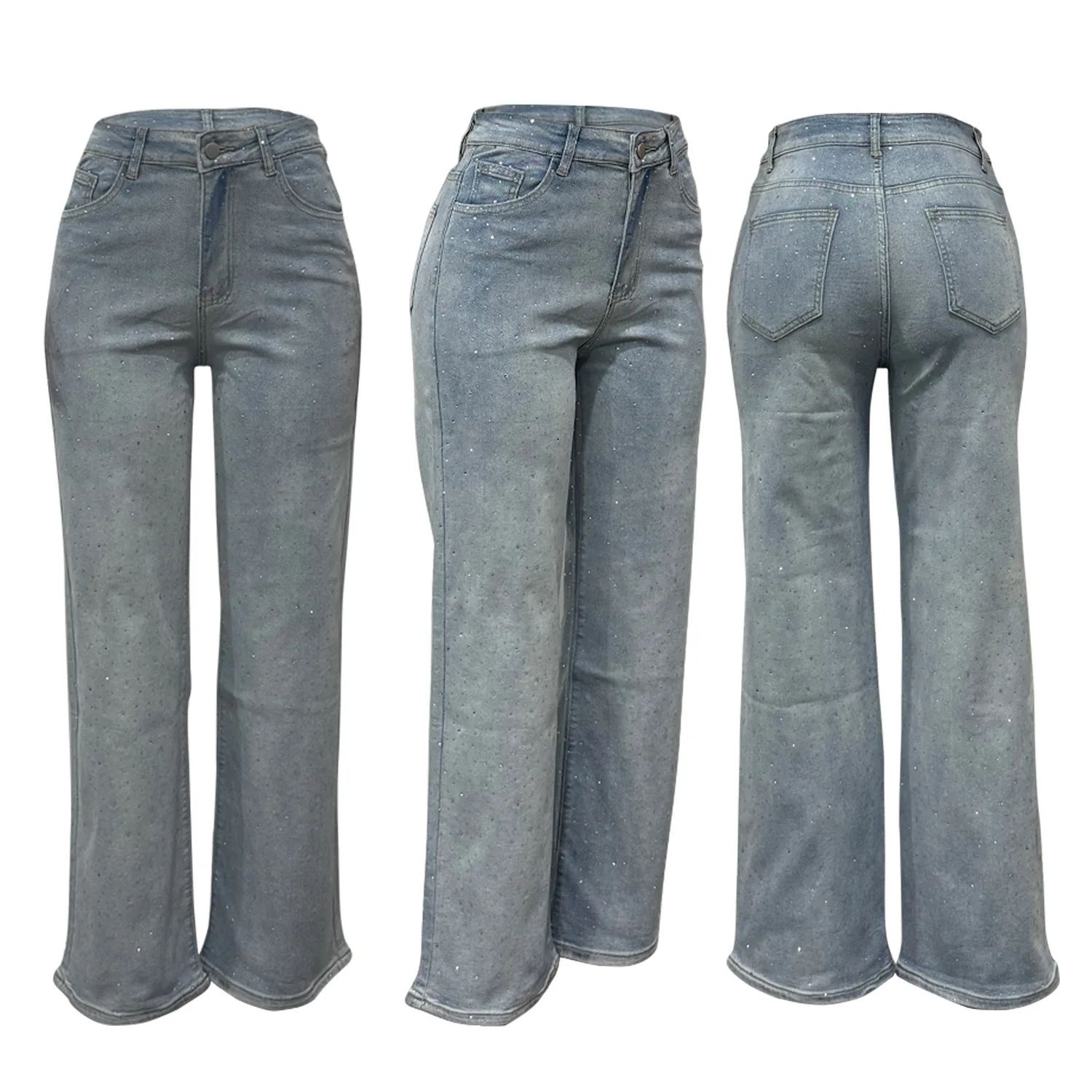 D8751 Export Women's Fashion European and American Style Full Diamond Washed Denim Pants High-Waisted Straight Leg Pants for Gir