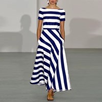 Elegant Short Sleeve Stripes Dress For Women High-waisted A-line O Neck Pullover Vestidos Trendy Summer Clothing 2025 Robes
