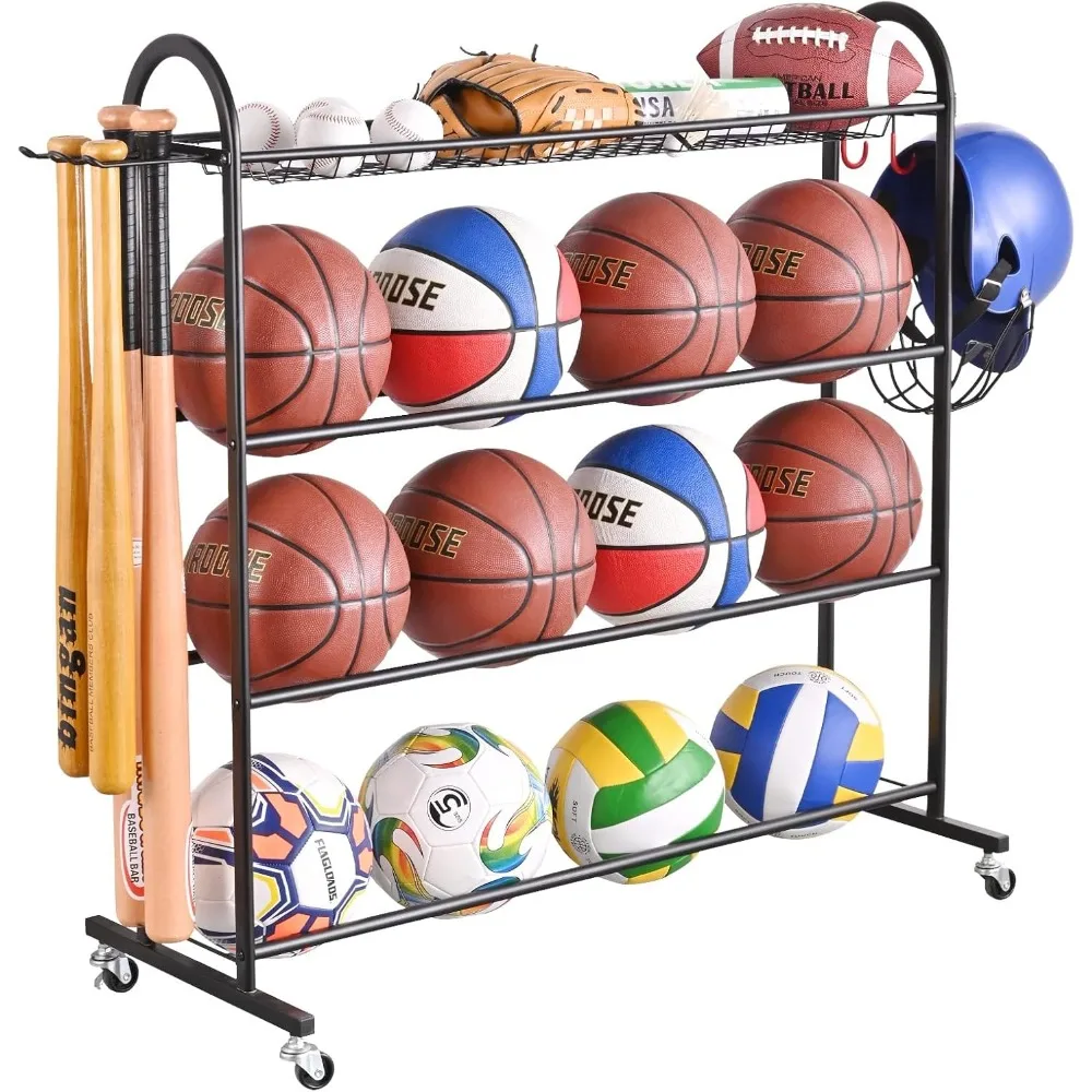 Basketball Rack, Rolling Ball Storage with Baseball Bat Holder and Hooks, Sports Equipment Storage with Wheels for Volleyball