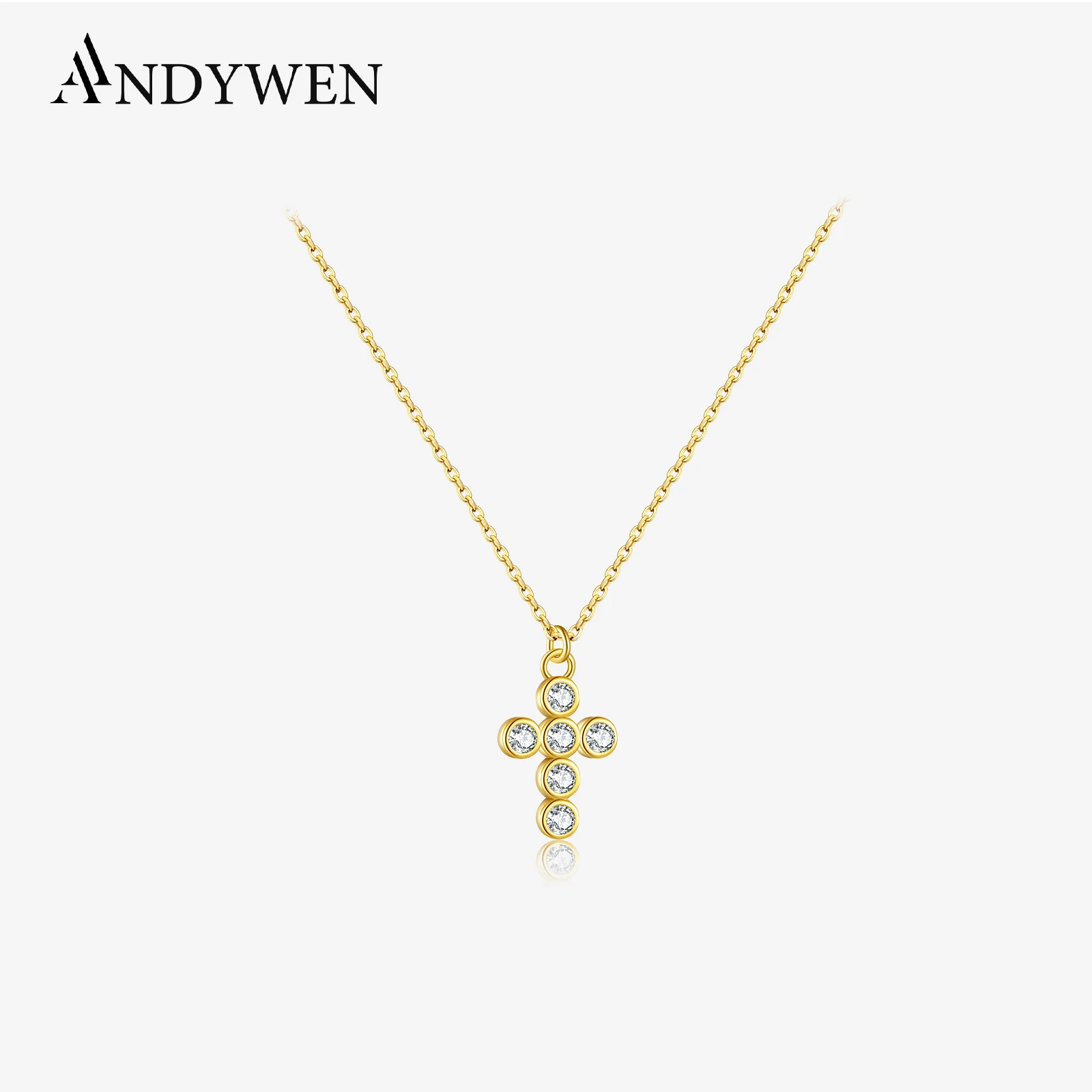 ANDYWEN 925 Sterling Silver Clear Cross Women Luxury Chain Necklace Women Fashion Jewelry Slim Crystal Jewels For Party Gift