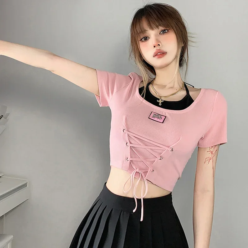 

2024 New Women Sexy Halter Slip Crop Clothes Lady Sweet Y2k Short Sleeved T-shirts Female Tie Up Bodycon Designer Summer Tops