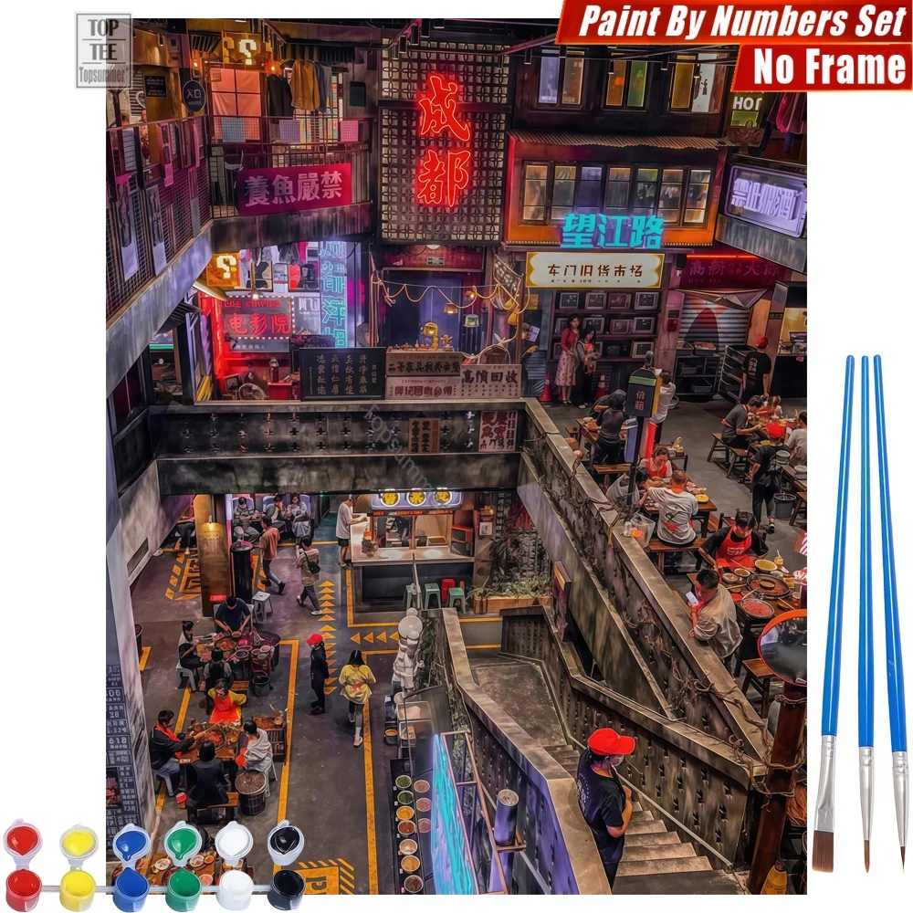 Indoor Market Neon DIY Digital Oil Painting Kit - Market Urban Bustling Room Decor Father'S Day Gift For Dad