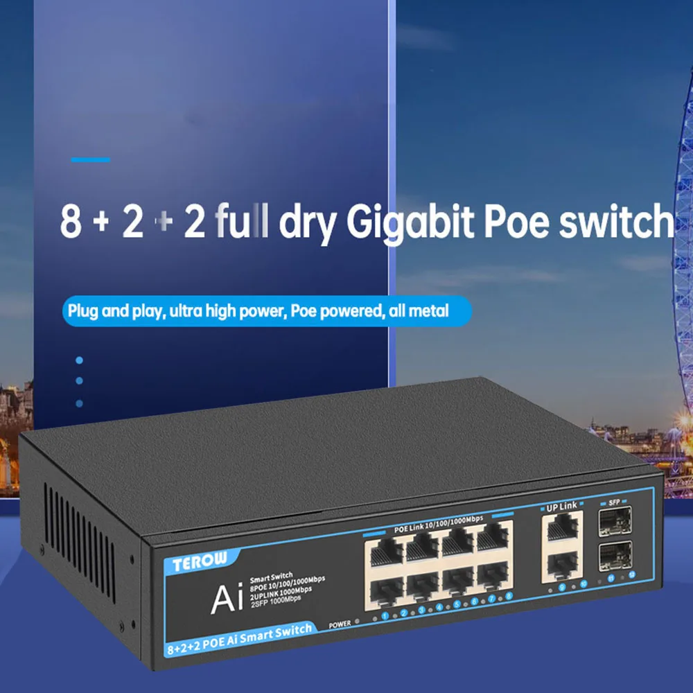 TEROW Gigabit Switch 8 Ports POE Switch 2Uplink 2 SFP Fast Switch Build-in Power Supply 52V 12W for IP Camera Wireless AP