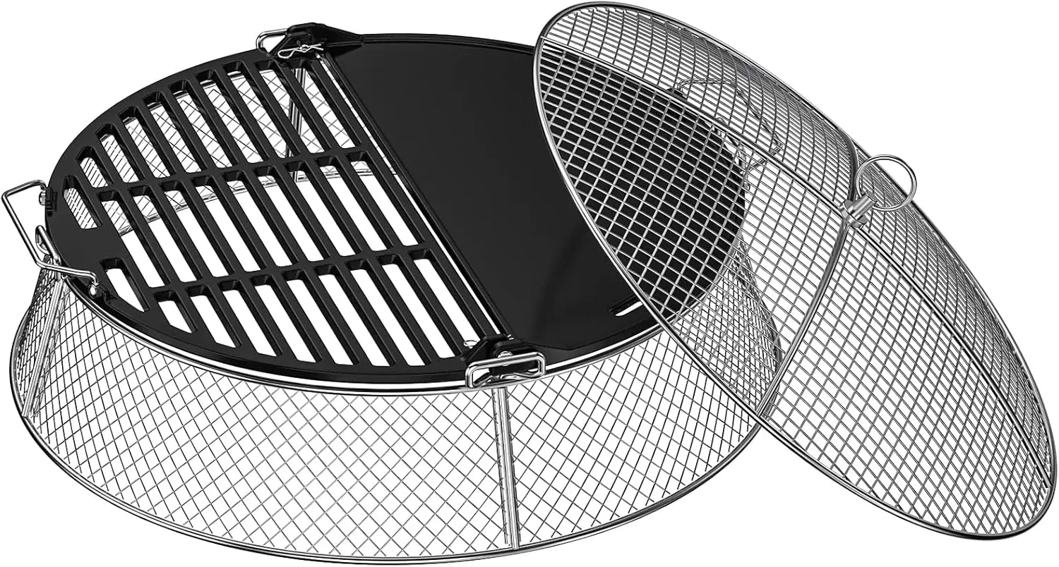 

Stainless Steel Mesh Cover & Cast Iron Grill Griddle Combo for 19.5 inch Fire Pit - Dual Cooking Surface with Handles for