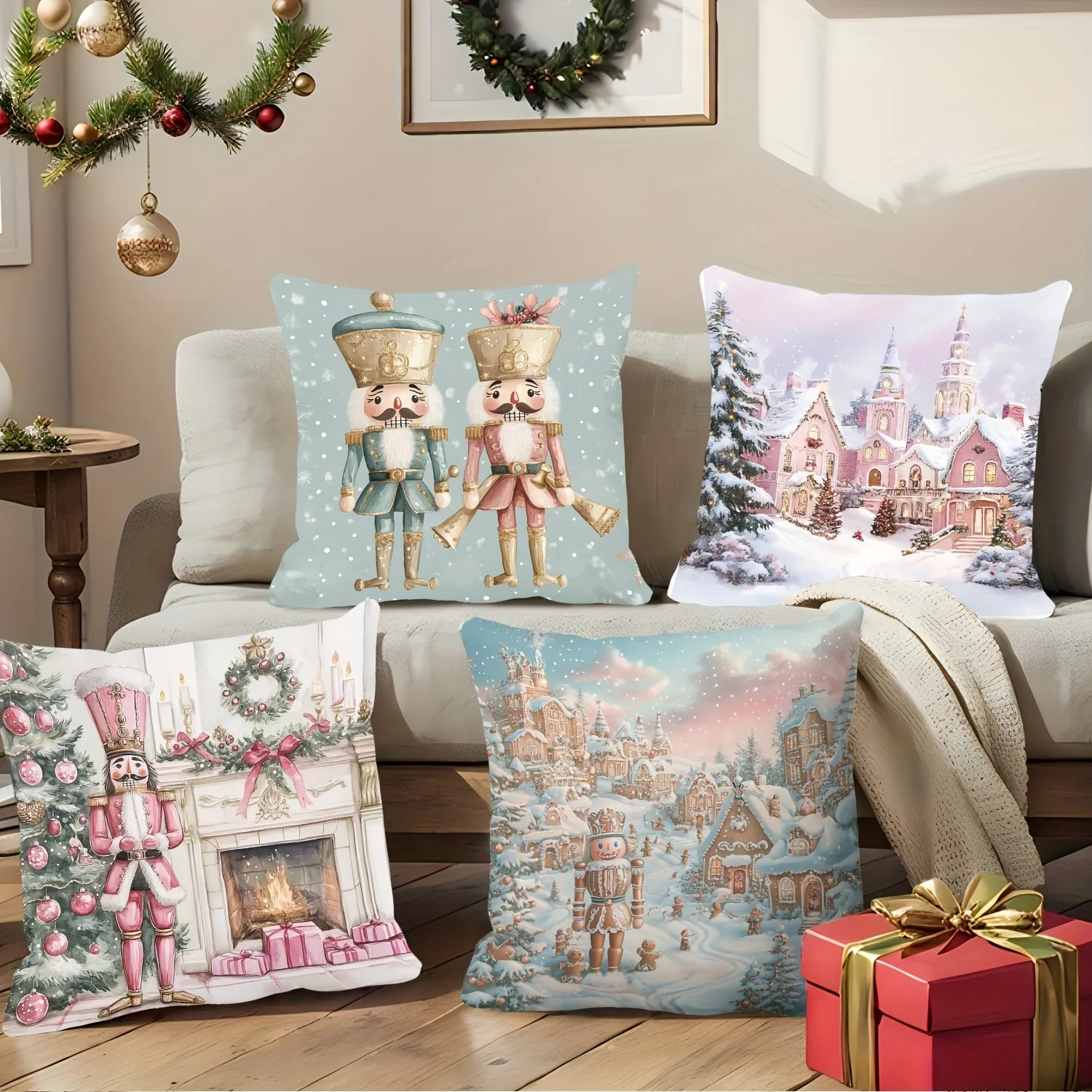 Festive Nutcracker & Winter Village Christmas Pillow Covers: Magical Holiday Decor! sofas, bedroom pillow covers, holiday gifts