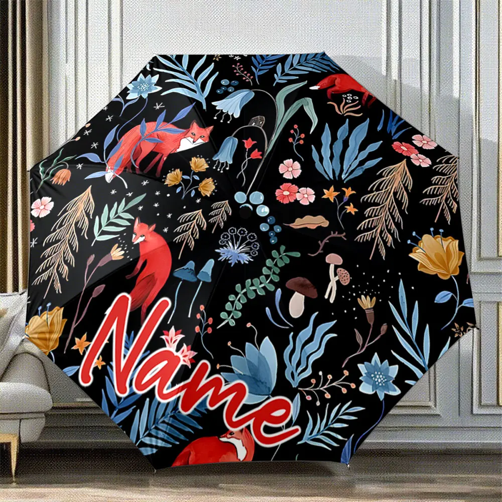 Custom Name Umbrella Red Fox with Colorful Flowers and Forest Mushrooms 8 Iron Ribs Folding Umbrella Auto-Open Fashion Sunshade