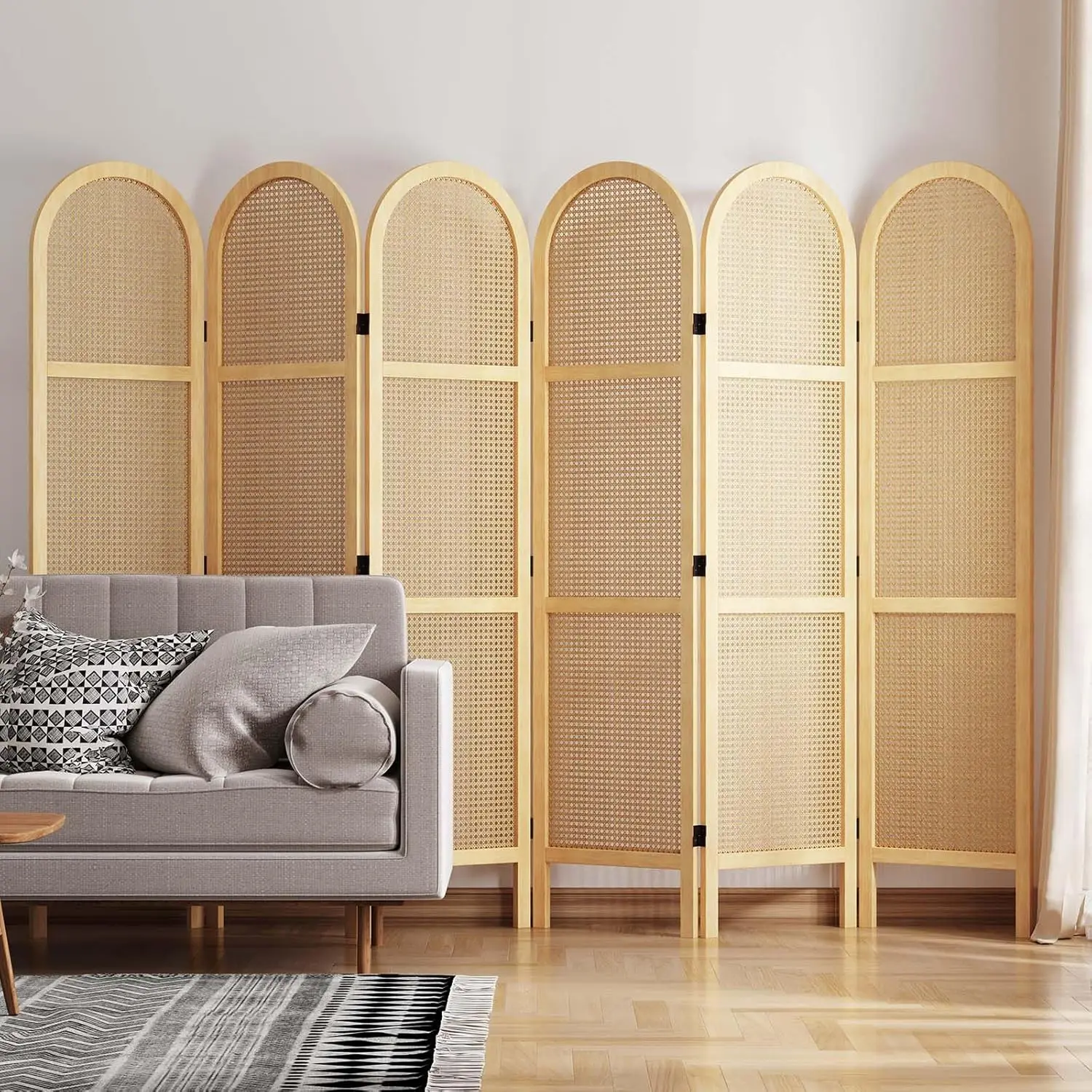 5.6 Ft Double Hinged Rattan Partition Freestanding Wall Room Divider for Home - 6 Panels (Natural)