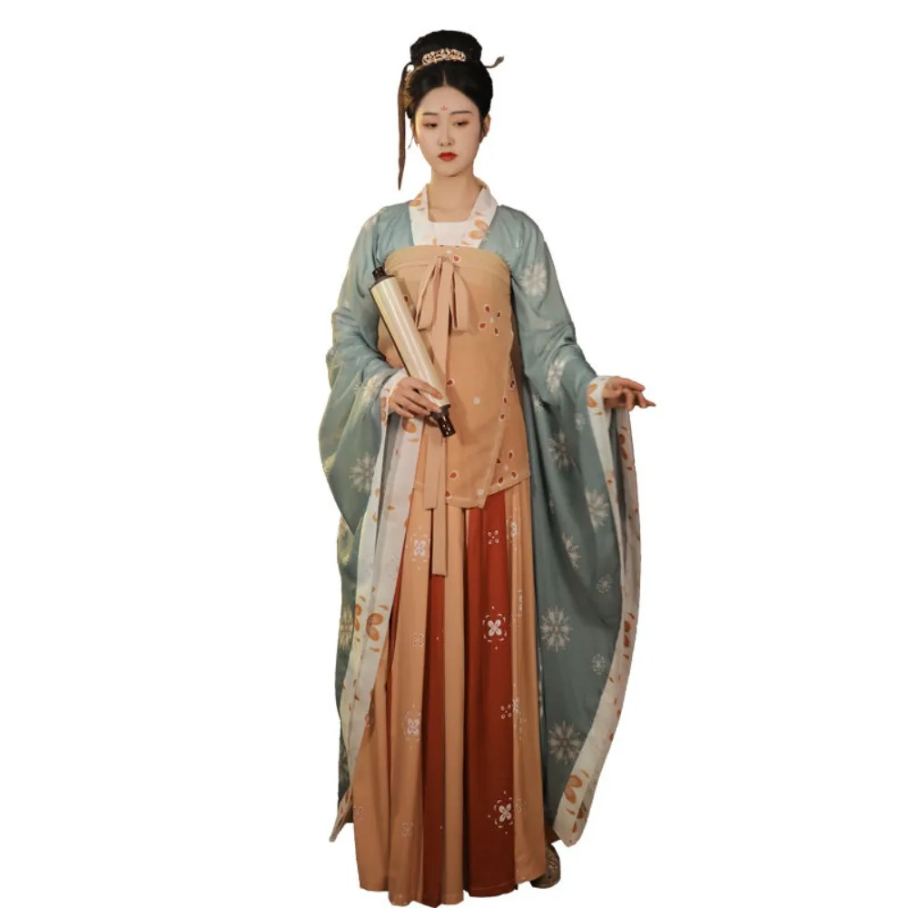 مجموعة Wei-Jin Tang Dynasty Hanfu - أزياء نسائية صينية ذات ياقة متقاطعة معدلة Ruqun Beizi عالية الخصر مكونة من 3 قطع للبالغين