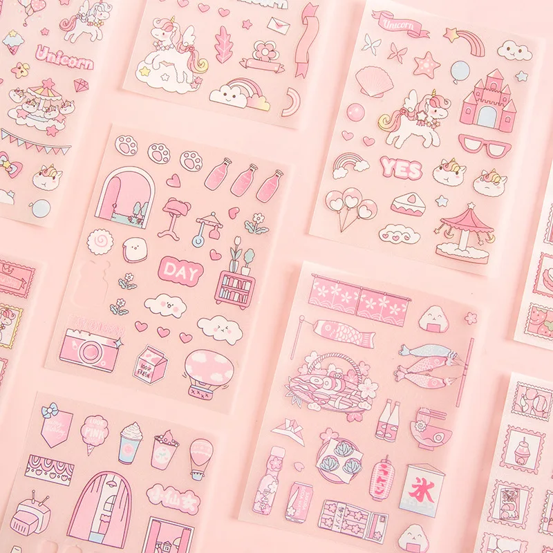 4 Sheets/pack Girls Pink Stickers Strawberry Unicorn Sakura Journal Stickers for Scrapbooking