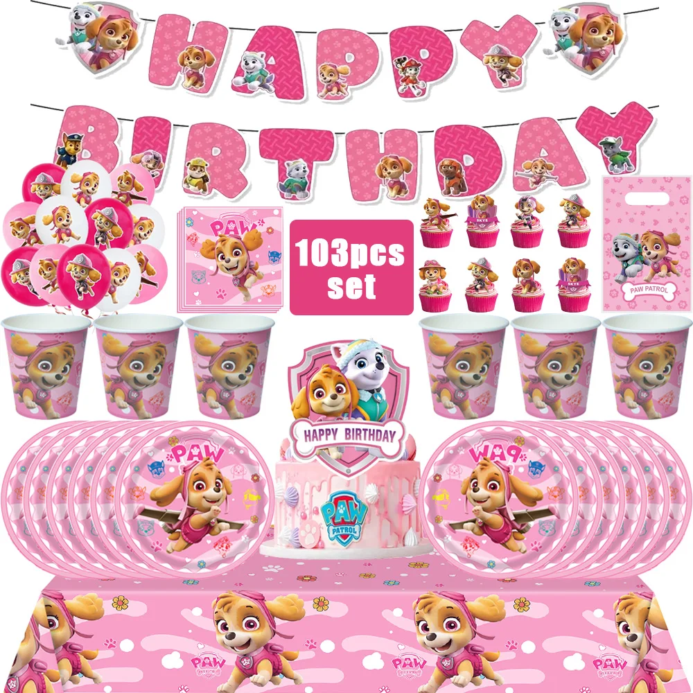 

New Pink Paw Patrol Birthday Decoration Dog Skye Party Set Foil Balloon Tableware Table Cake Topper Cup Plate Napkin Kid Supplie