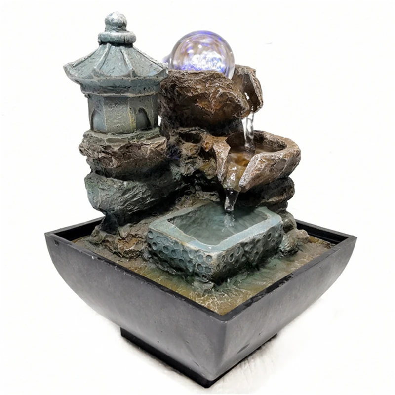 Resin Staggered Rock Indoor Fountain Lucky Feng Shui Water Falls Tabletop with LED Lights for Home Office Decor