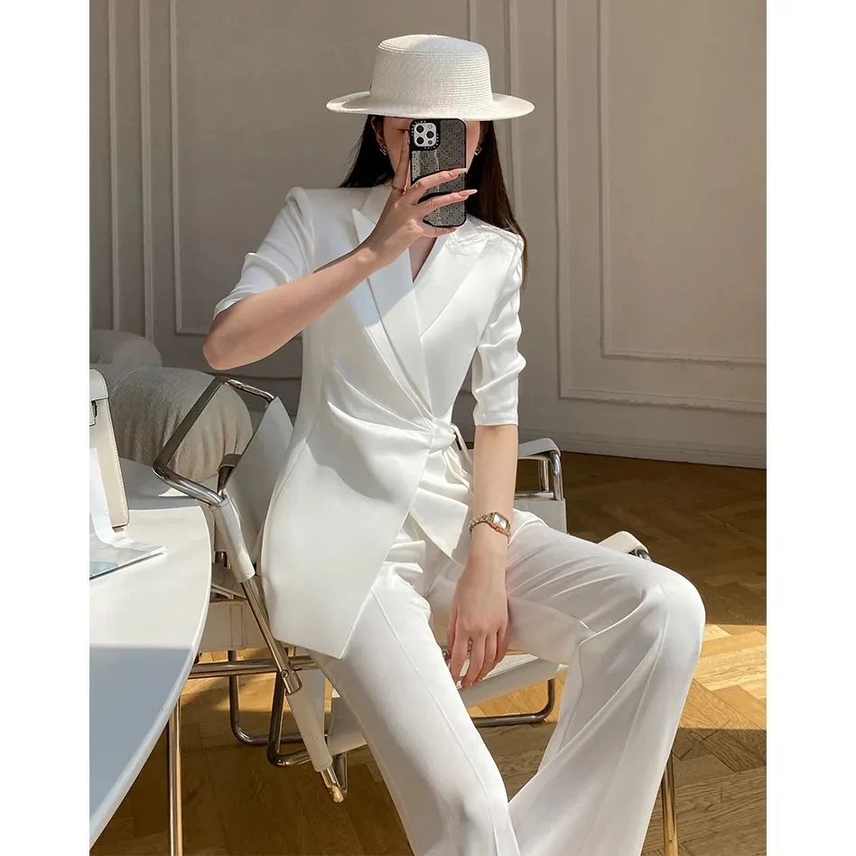 ZJYT Lace Up Blazer Suits Pant Sets 2 Piece Women Half Sleeve Jacket and Trousers Set White Outfit Spring Summer Work Wear