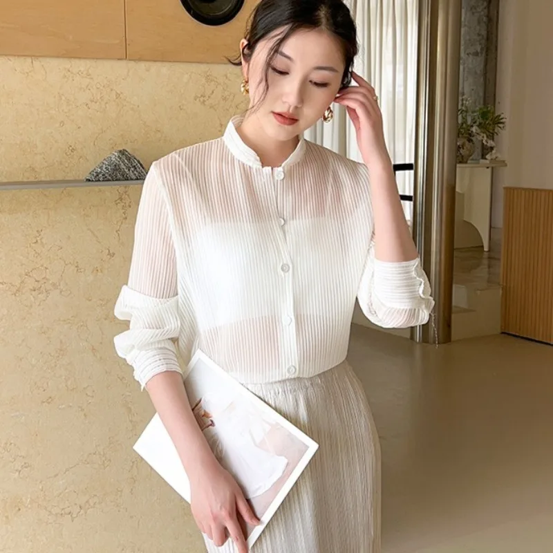 

Women Pleated New Buttoned Top Miyake Lightweight Fashion Casual Shirt Jacket Transparent Sun Protection Cardigan Commuter Wear