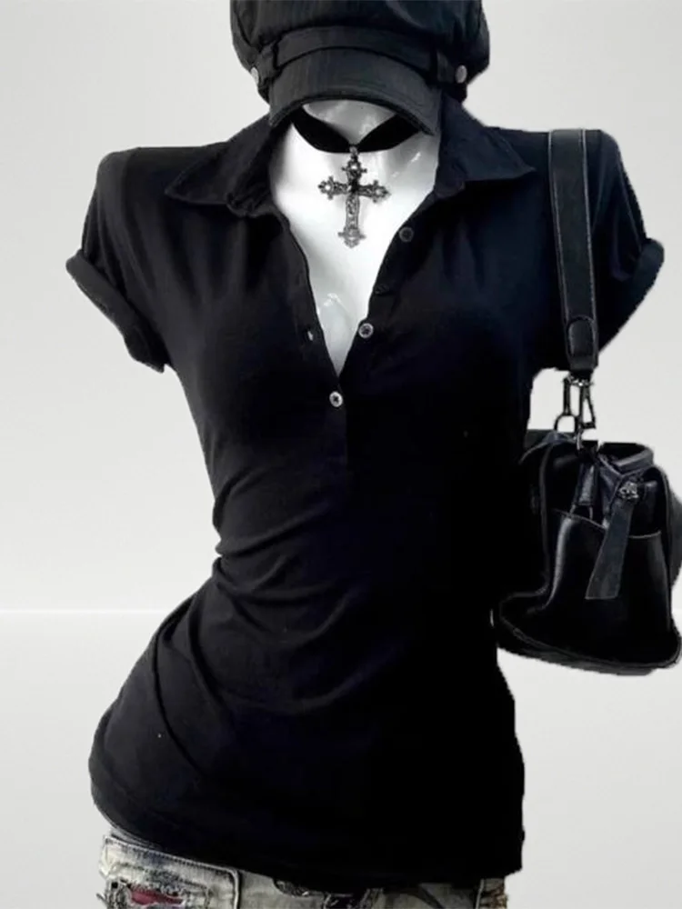 Grafisches Harajuku POLO-Kragen Einfarbiges Kurzarm-Damen-T-Shirt 90er Jahre Kleidung Vintage Damen Trashy Y2k 2000er Jahre Tops Gothic – Detail 3