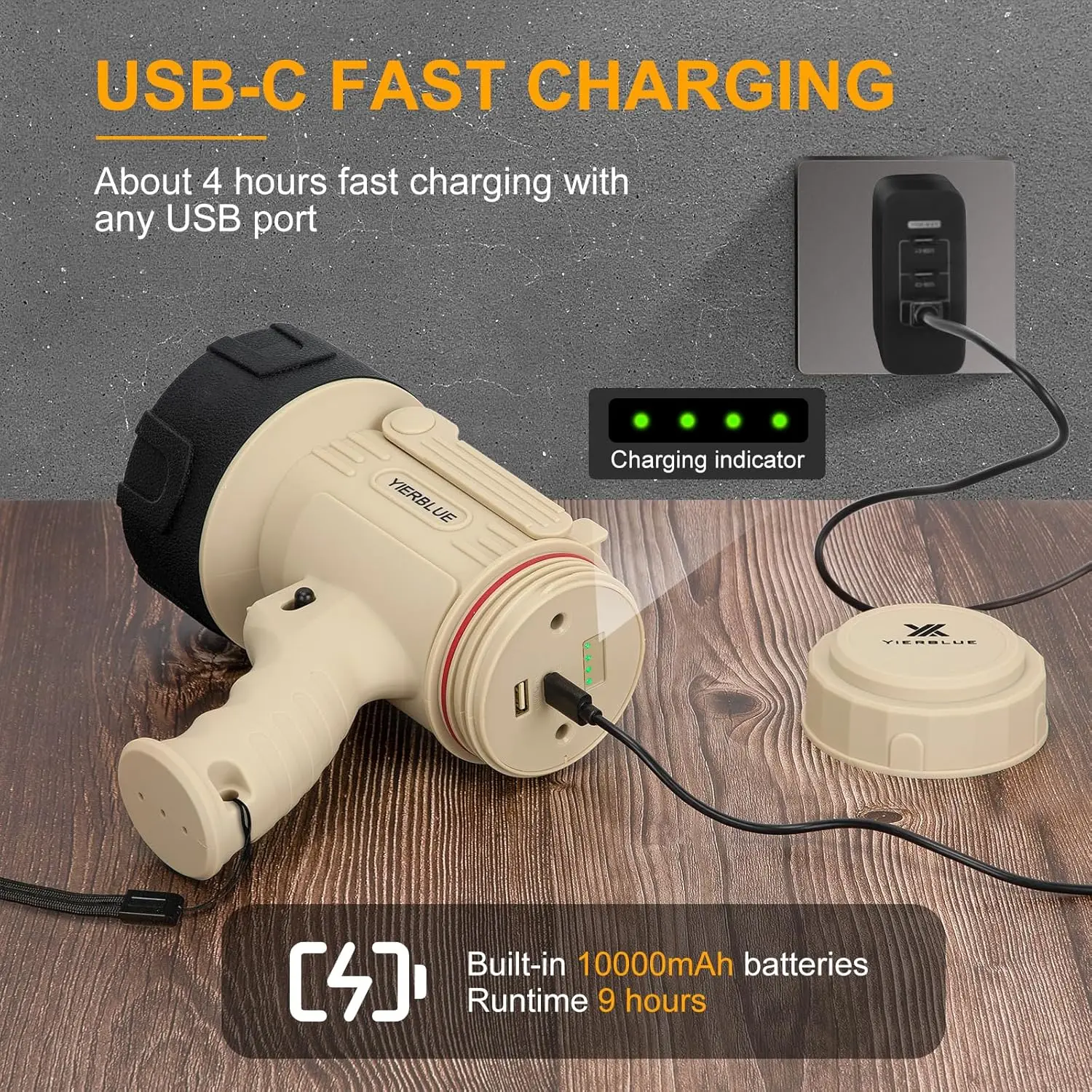 Rechargeable Spotlight with 1000000 Lumen LED, IP67 Waterproof, Long Runtime, Foldable Stand & Red Lens