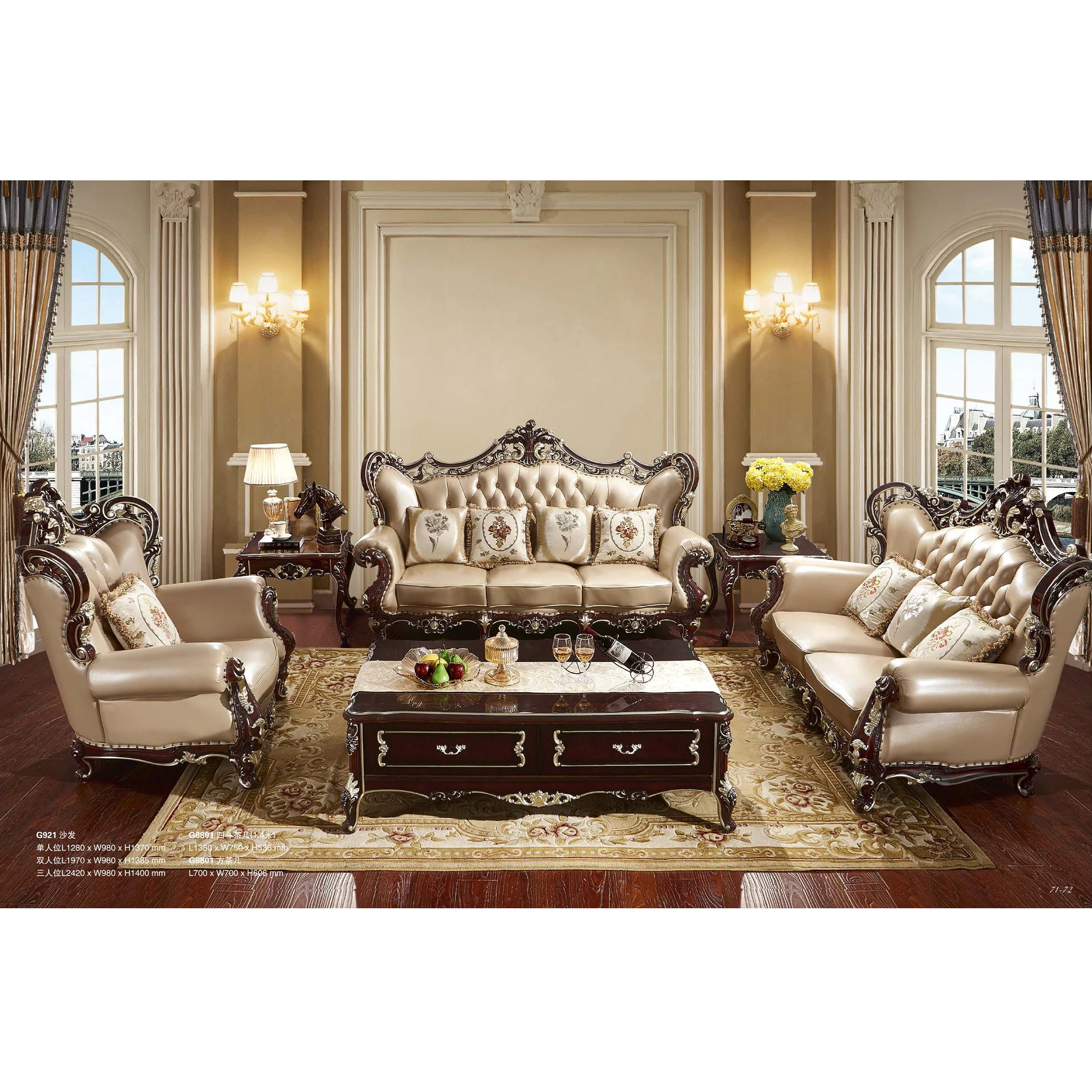 

*# European Classic Carved Wooden 1 2 3 Seater Couch French Luxury Leather Upholstered Living Room Furniture Sectional Sofa