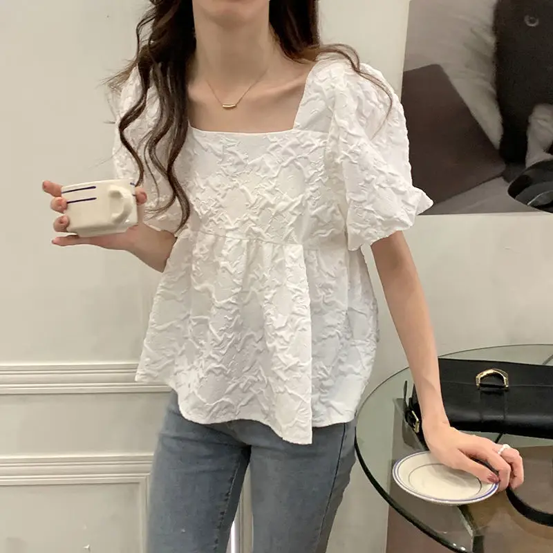 Women\'s Clothing Trendy Pleated Texture Square Collar White Kawaii Blouse 2023 Summer Sweet Chic Puff Short Sleeve Shirts Blusas