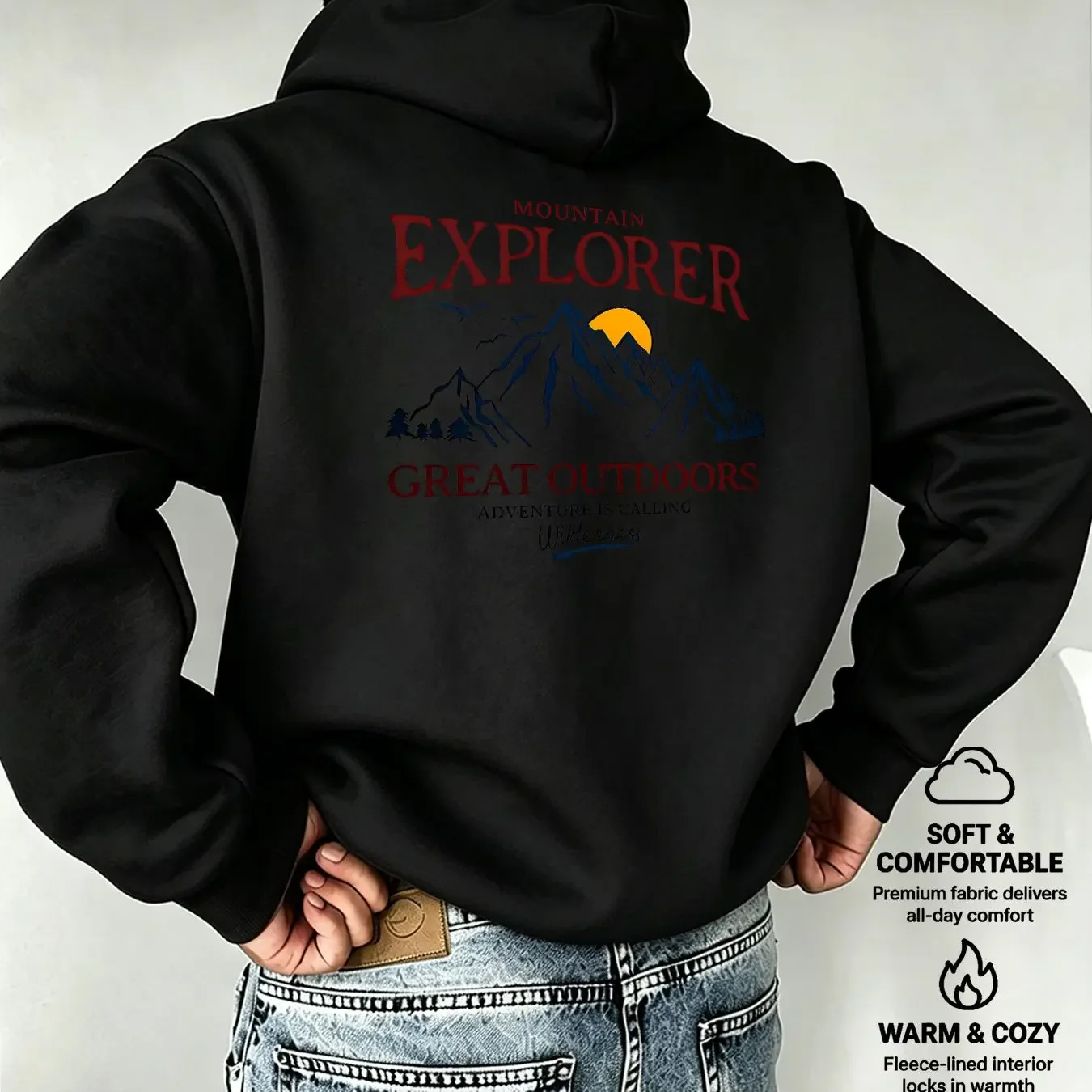 Autumn/Winter Mountain Explorer Outdoor Back Print Men's Hoodie Loose Casual Retro Camping Adventure Pullover
