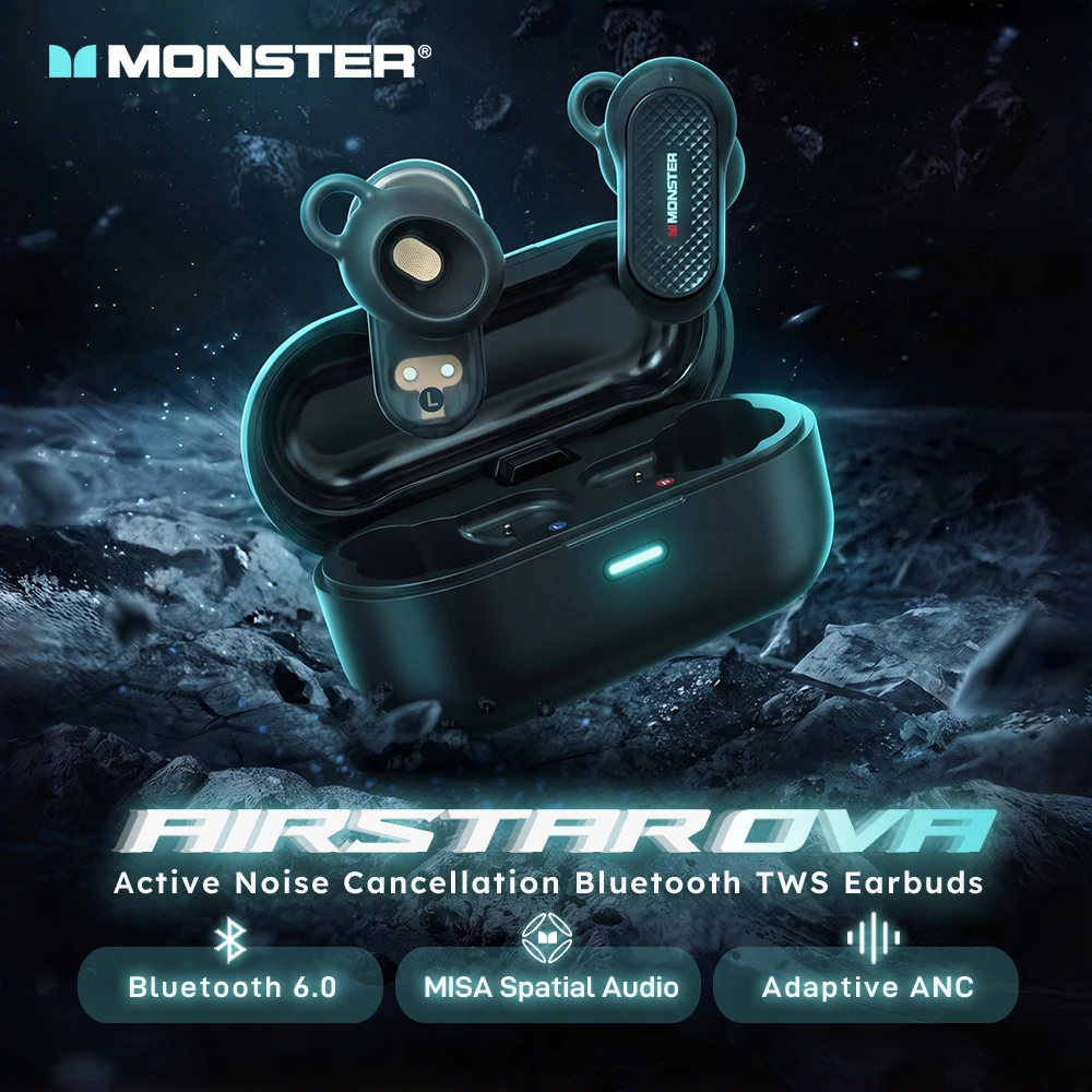 Monster OVA ANC Bluetooth 6.0 Ohrhörer mit räumlichem Klang, aktiver Geräuschunterdrückung, TWS, kabellos, IPX5 wasserdicht, Sport-Ohrhörer
