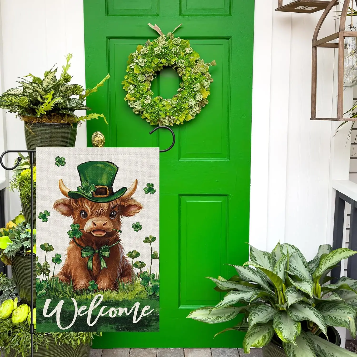 Welcome St. Patrick's Day Garden Flag 12x18 Inch Double Sided, Highland Cow with Green Hat Lucky Shamrocks Small Burlap  AAS